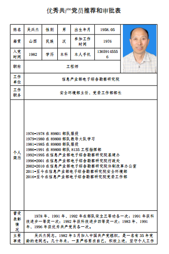 中共信息產(chǎn)業(yè)部電子綜合勘察研究院委員會-吳興杰同志先進事跡材料